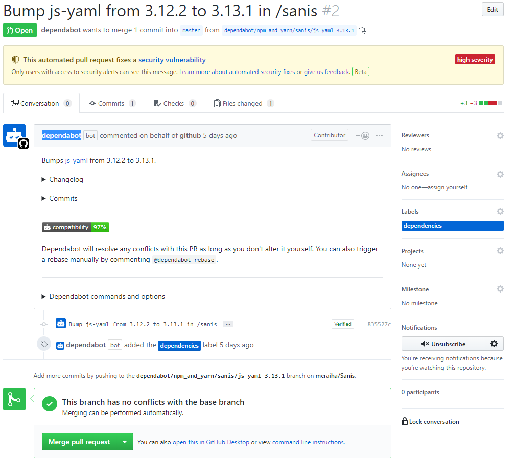 GitHub ja Security pull request