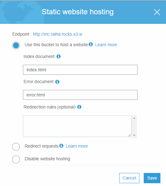 Static web hosting -asetukset