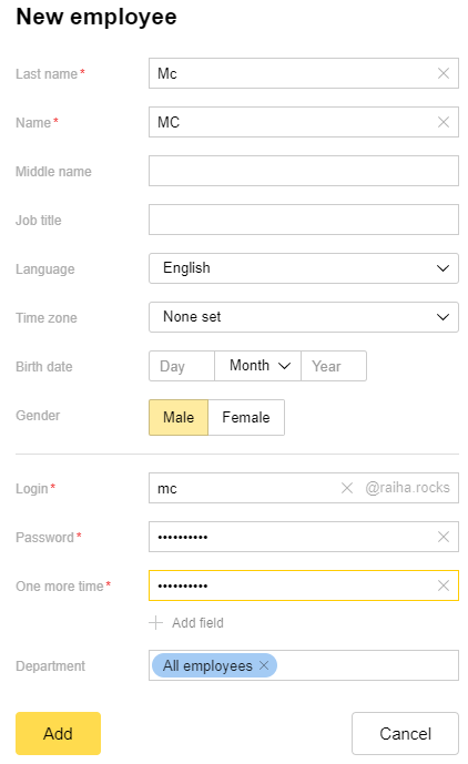 Yandex.Mail Add a person